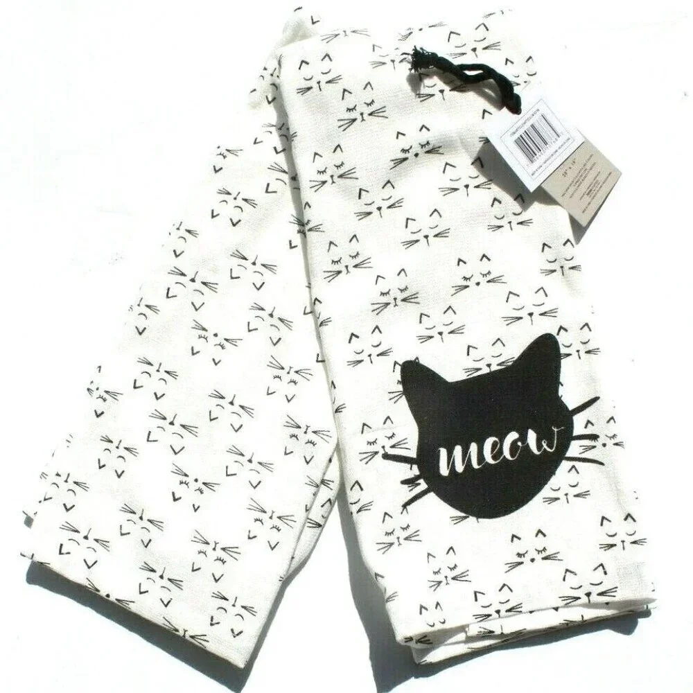 Set Of 2 Modern Meow CATS Black & White 100% Cotton Kitchen Towel 28